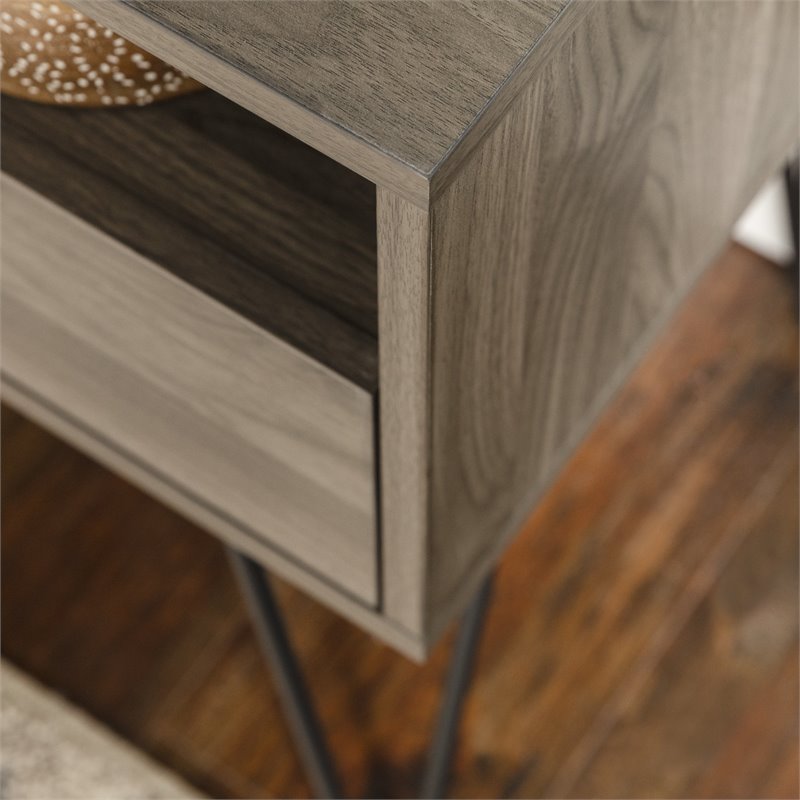 Pemberley Row Slate Gray Nightstand Hairpin Legs Open and Closed Storage 25.25