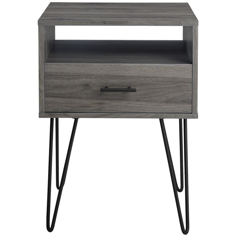 Pemberley Row Slate Gray Nightstand Hairpin Legs Open and Closed Storage 25.25