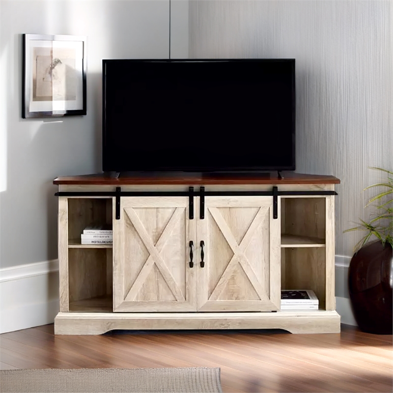 Pemberly Row Traditional Wood Corner TV Stand for TVs up to 52