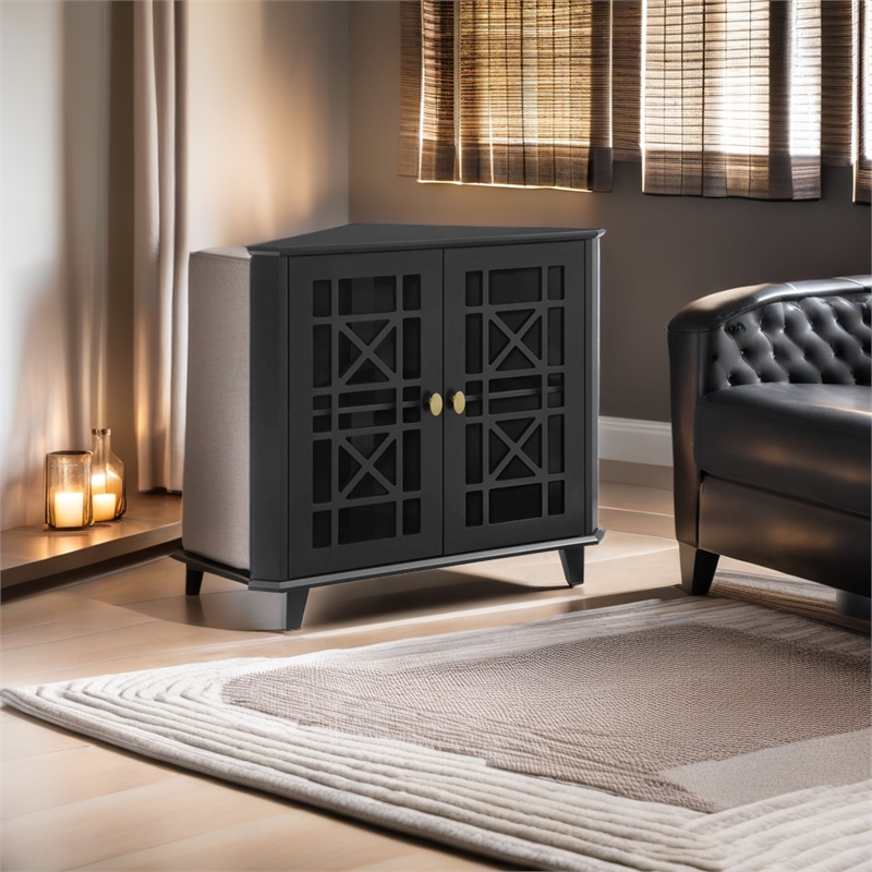 Pemberly Row Transitional Engineered Wood Corner Accent Cabinet in Black