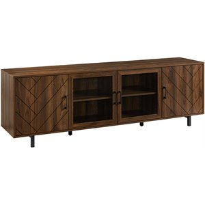 Pemberly Row 70&quot Groove 4-Adjustable Shelves TV Stand in Dark Walnut
