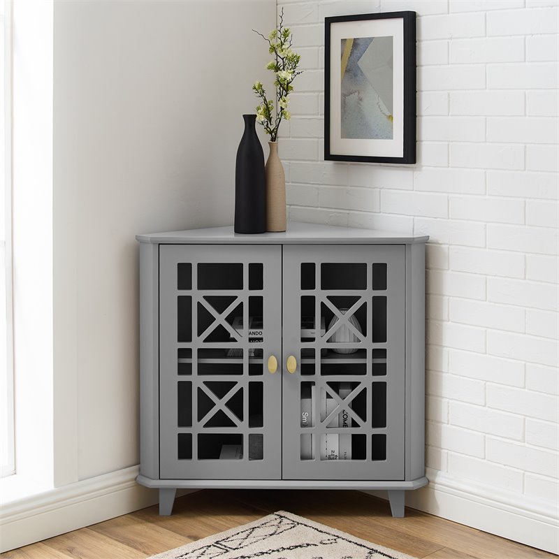 Pemberly Row Corner Accent Cabinet with 1-Adjustable Shelf in Gray