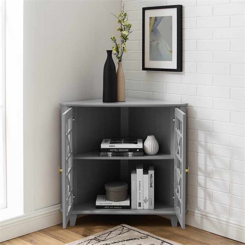Pemberly Row Corner Accent Cabinet with 1-Adjustable Shelf in Gray