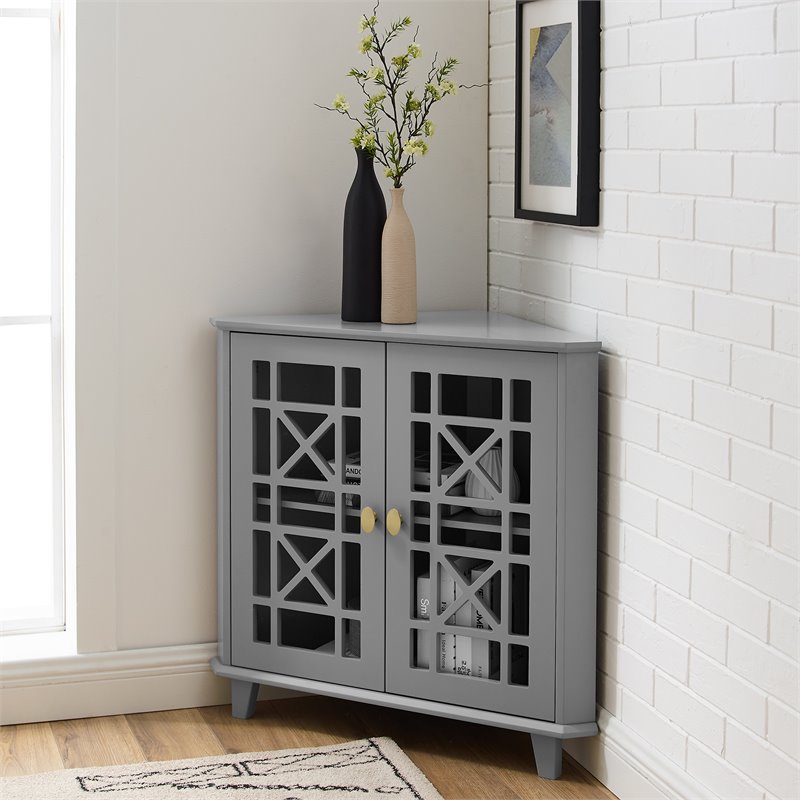 Pemberly Row Corner Accent Cabinet with 1-Adjustable Shelf in Gray