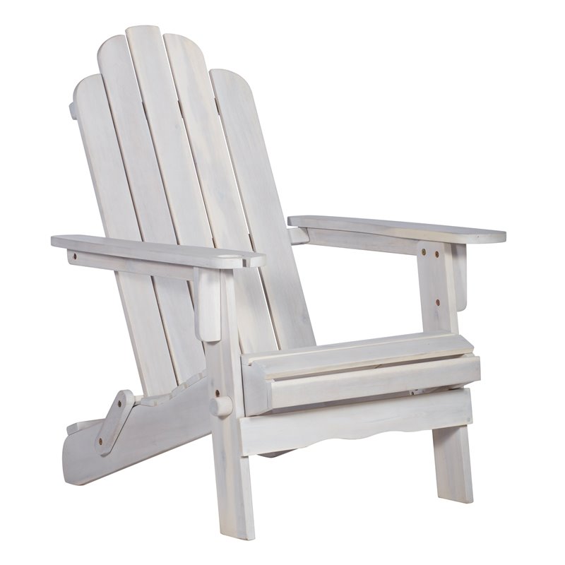 Pemberly Row Outdoor Wood Adirondack Chair with Wine Glass Holder in White Wash