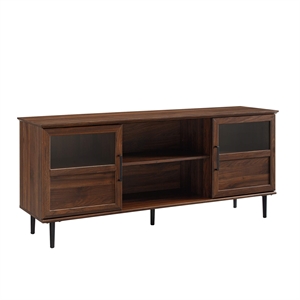 Pemberly Row 58&quot Glass and Wood Split Panel Door TV Console in Dark Walnut