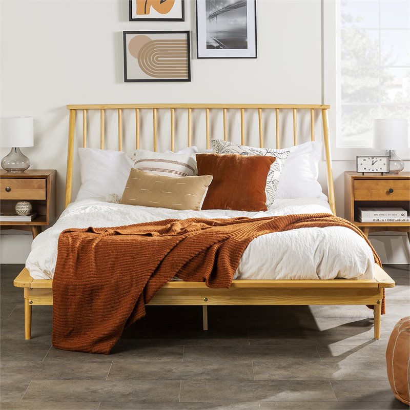 Pemberly Row Modern Solid Wood Queen Spindle Bed with Tapered Legs in Light Oak