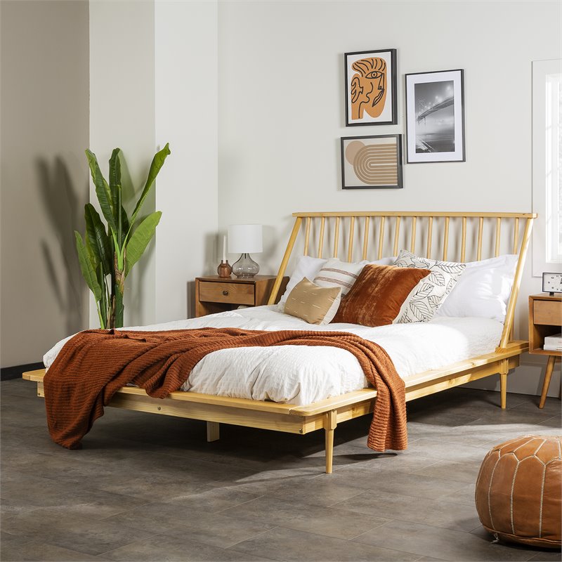 Pemberly Row Modern Solid Wood Queen Spindle Bed with Tapered Legs in Light Oak