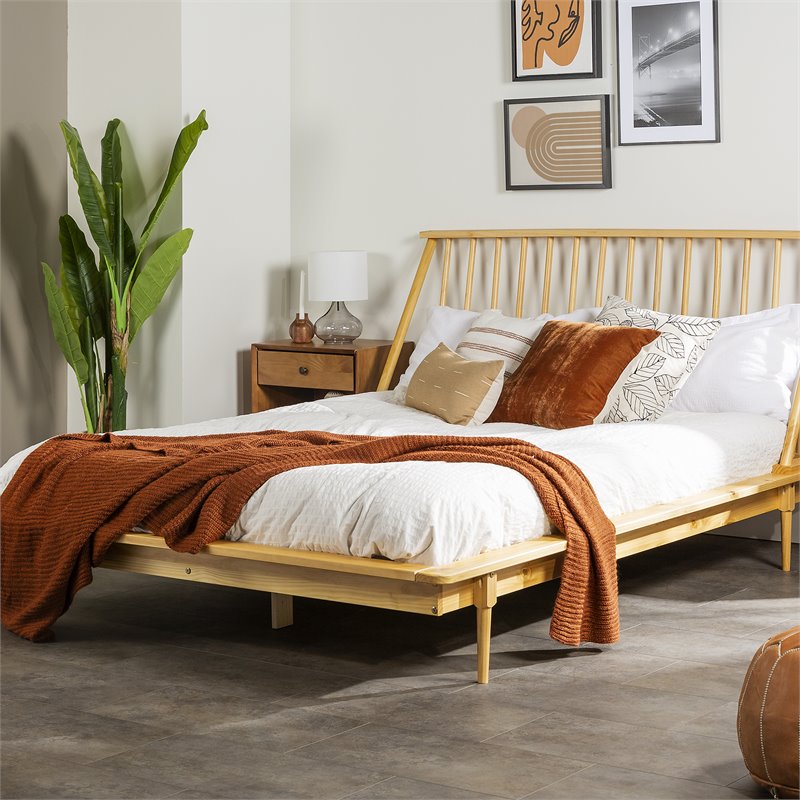 Pemberly Row Modern Solid Wood Queen Spindle Bed with Tapered Legs in Light Oak