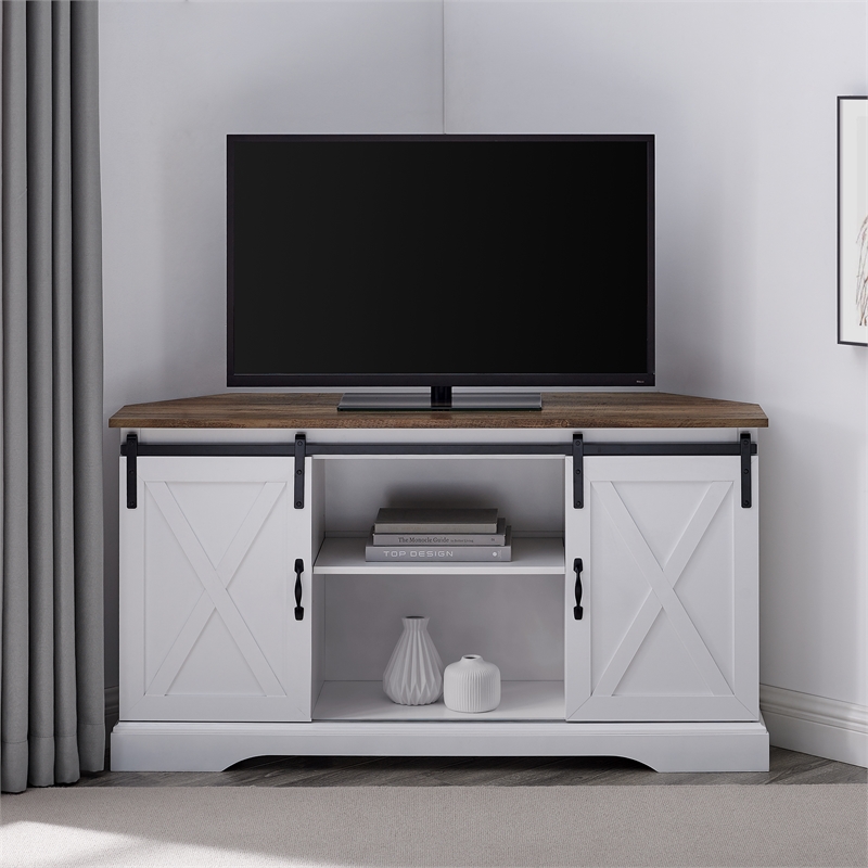 Pemberly Row Rustic Wood Corner TV Stand for TVs up to 52