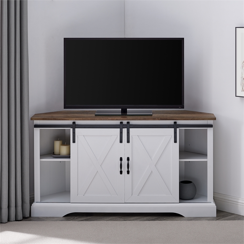 Pemberly Row Rustic Wood Corner TV Stand for TVs up to 52