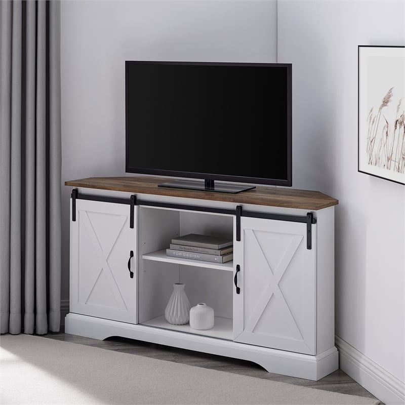 Pemberly Row Rustic Wood Corner TV Stand for TVs up to 52