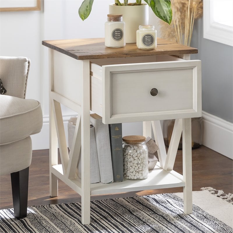 Pemberly Row 1-Drawer Farmhouse Wood V-Frame End Table in White ( Set of 2)