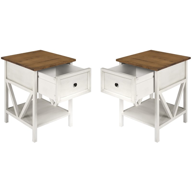 Pemberly Row 1-Drawer Farmhouse Wood V-Frame End Table in White ( Set of 2)