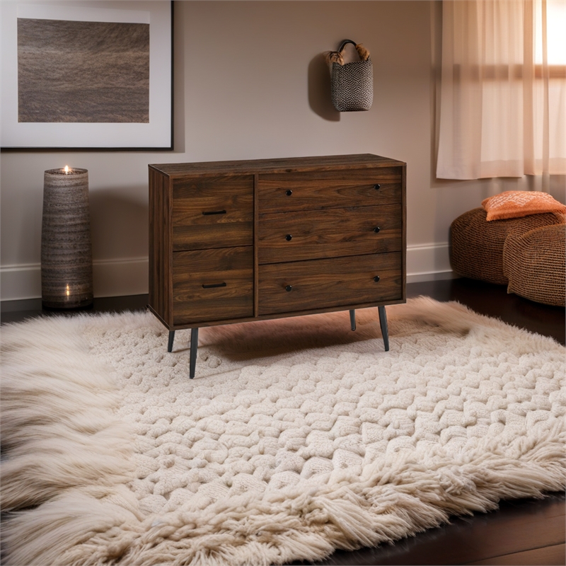 Pemberly Row Modern 5-Drawer Metal and Wood Bedroom Dresser in Dark Walnut