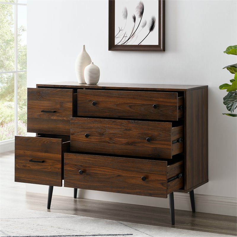 Pemberly Row Modern 5-Drawer Metal and Wood Bedroom Dresser in Dark Walnut