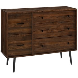 Pemberly Row Modern 5-Drawer Metal and Wood Bedroom Dresser in Dark Walnut