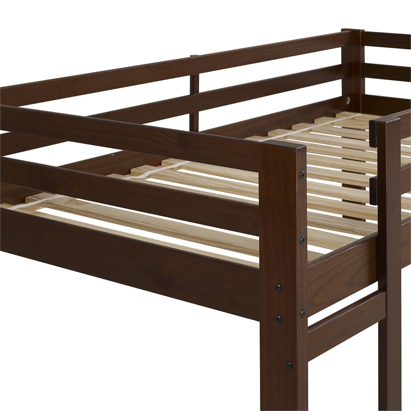 Pemberly Row Low Wood Twin Over Twin Bunk Bed in Walnut Finish