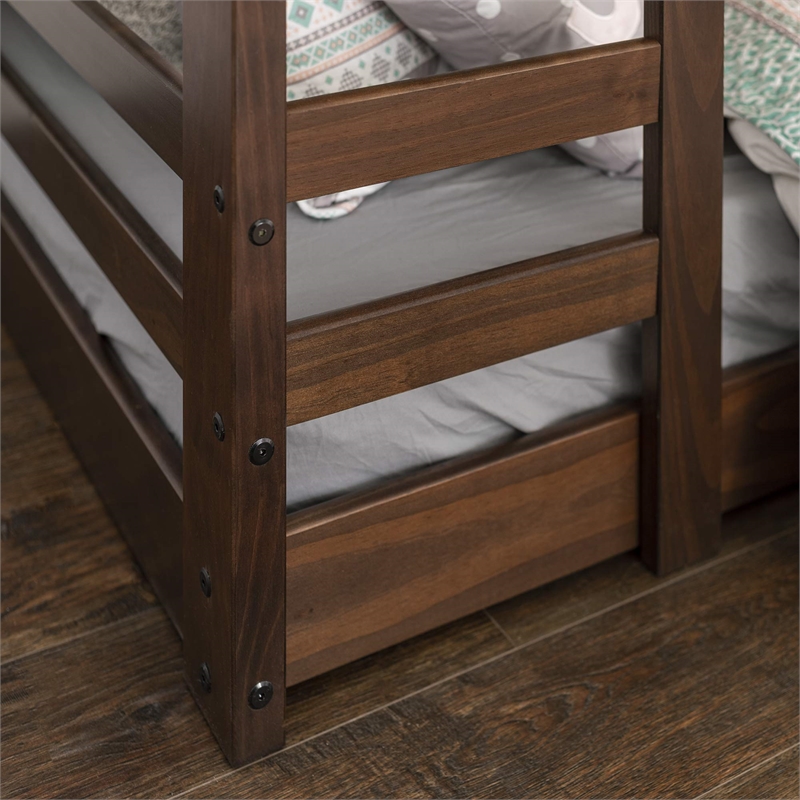 Pemberly Row Low Wood Twin Over Twin Bunk Bed in Walnut Finish