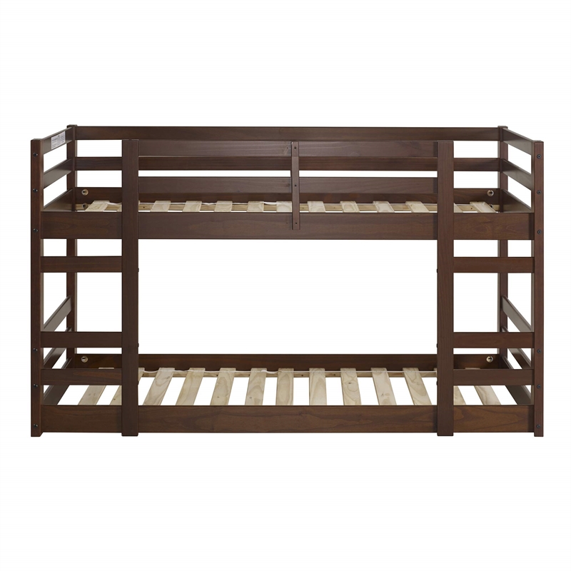 Pemberly Row Low Wood Twin Over Twin Bunk Bed in Walnut Finish