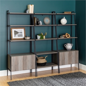 pemberly row 3-piece bookcase set with open shelving and cabinets in gray wash