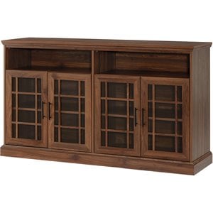 Pemberly Row 58&quot Glass 4-Door TV Stand with Adjustable Shelves in Dark Walnut