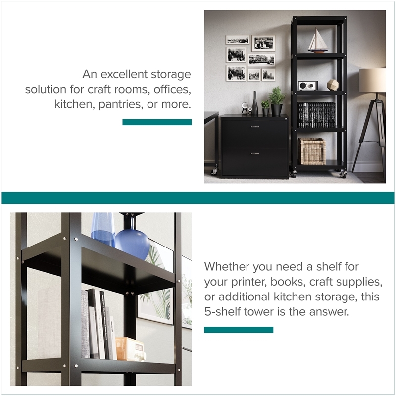 Pemberly Row 5-Shelf Steel Metal High Mobile Bookcase in Black