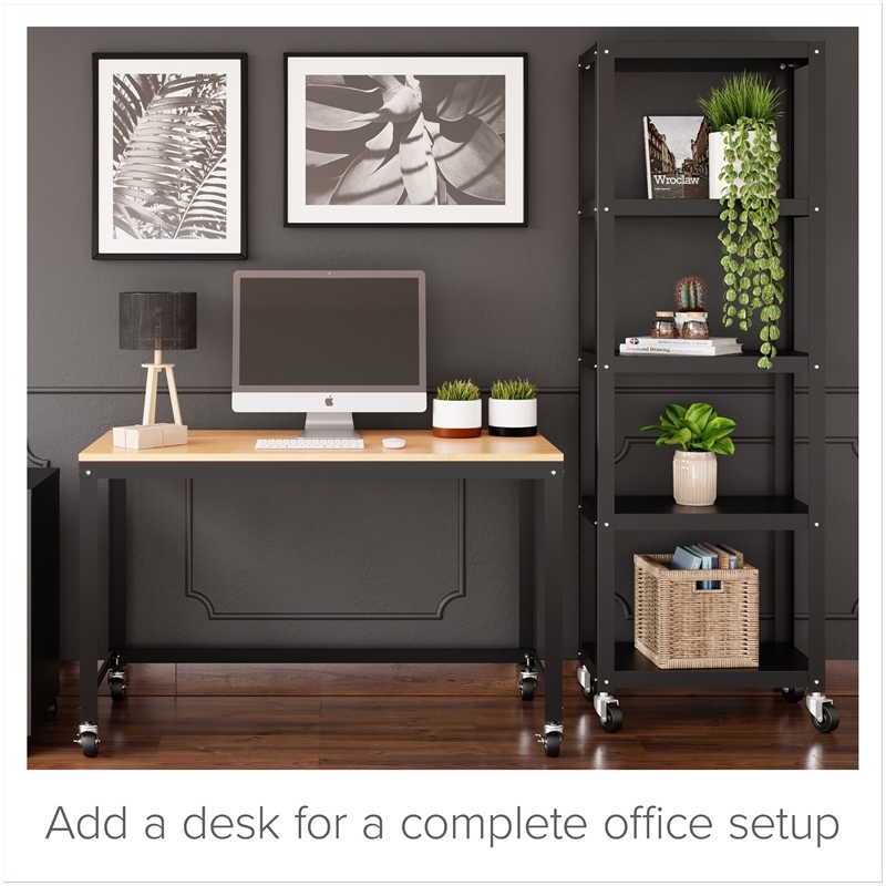 Pemberly Row 5-Shelf Steel Metal High Mobile Bookcase in Black