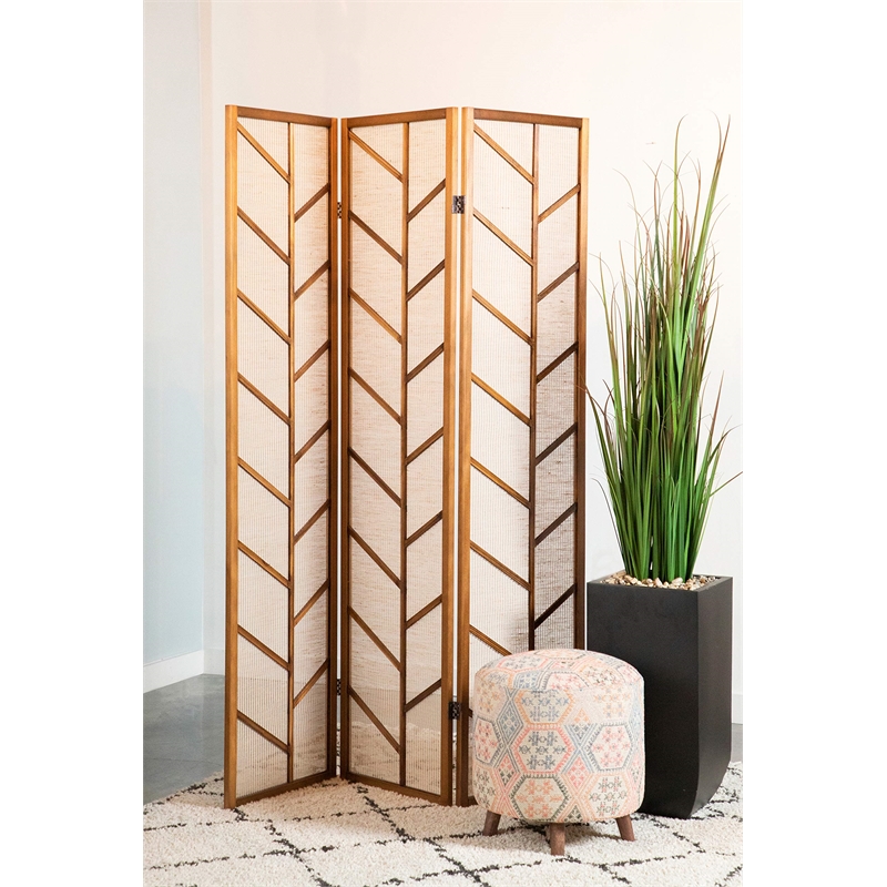 Pemberly Row Foldable 3 Panel Screen in Walnut and Linen Finish