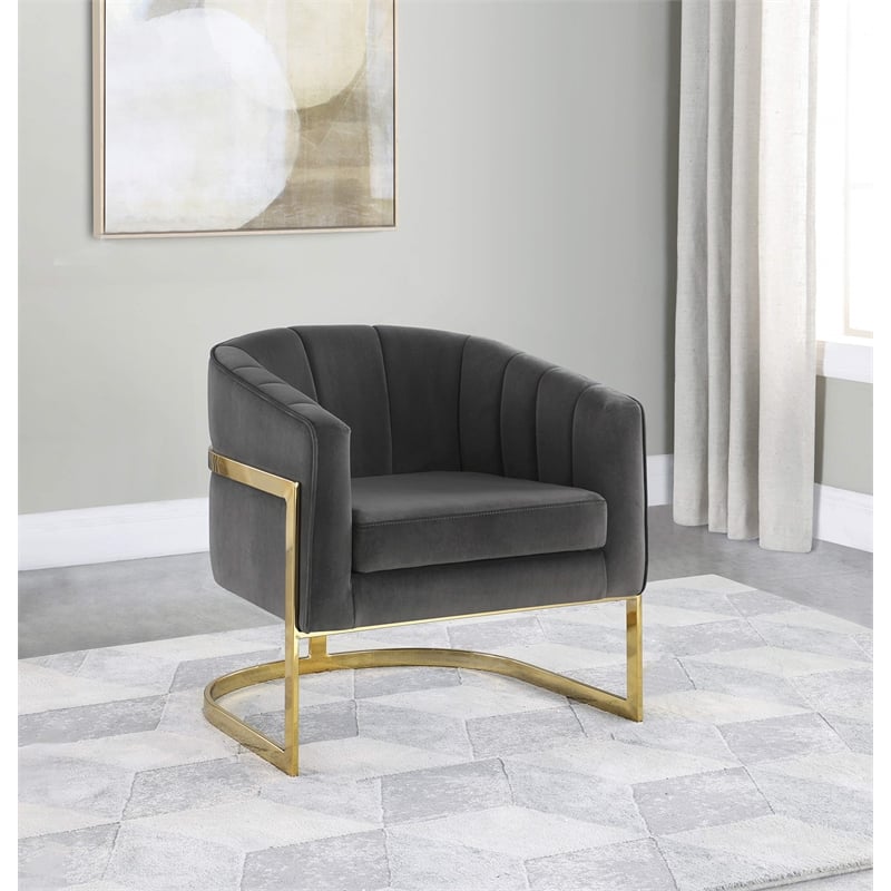 Pemberly Row Modern Channeled Tufted Barrel Accent Chair in Dark Gray and Gold