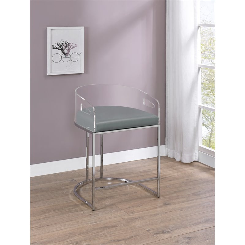 Pemberly Row Acrylic Back Counter Height Stool in Grey and Chrome