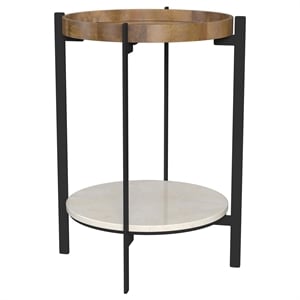 Pemberly Row Round Accent Table with Marble Shelf in Natural and Black