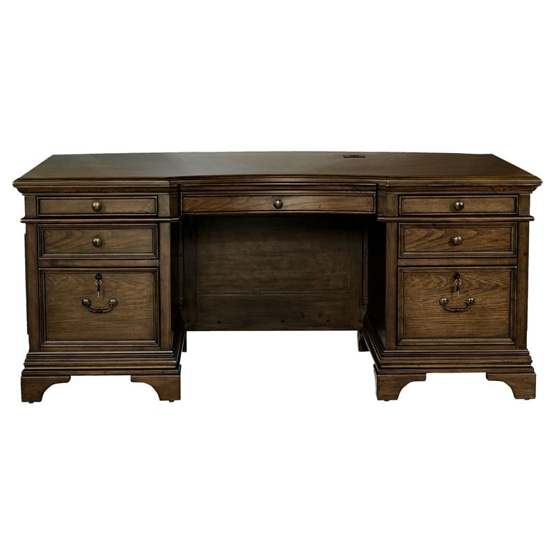 Pemberly Row Executive Desk with File Cabinets in Burnished Oak