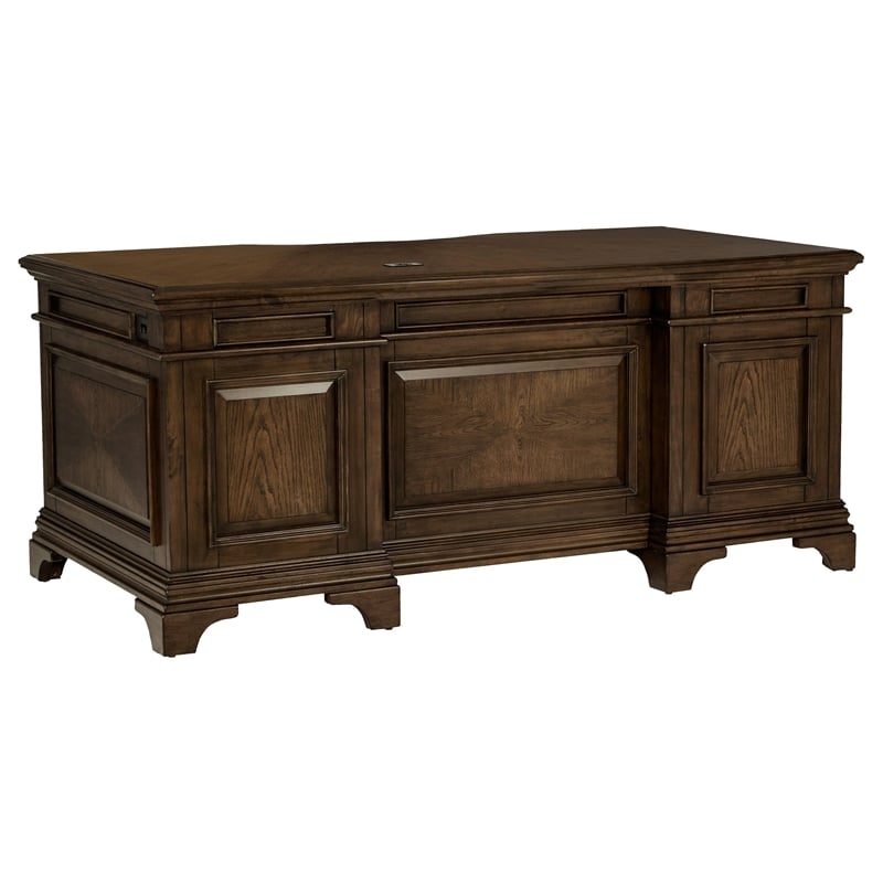 Pemberly Row Executive Desk with File Cabinets in Burnished Oak