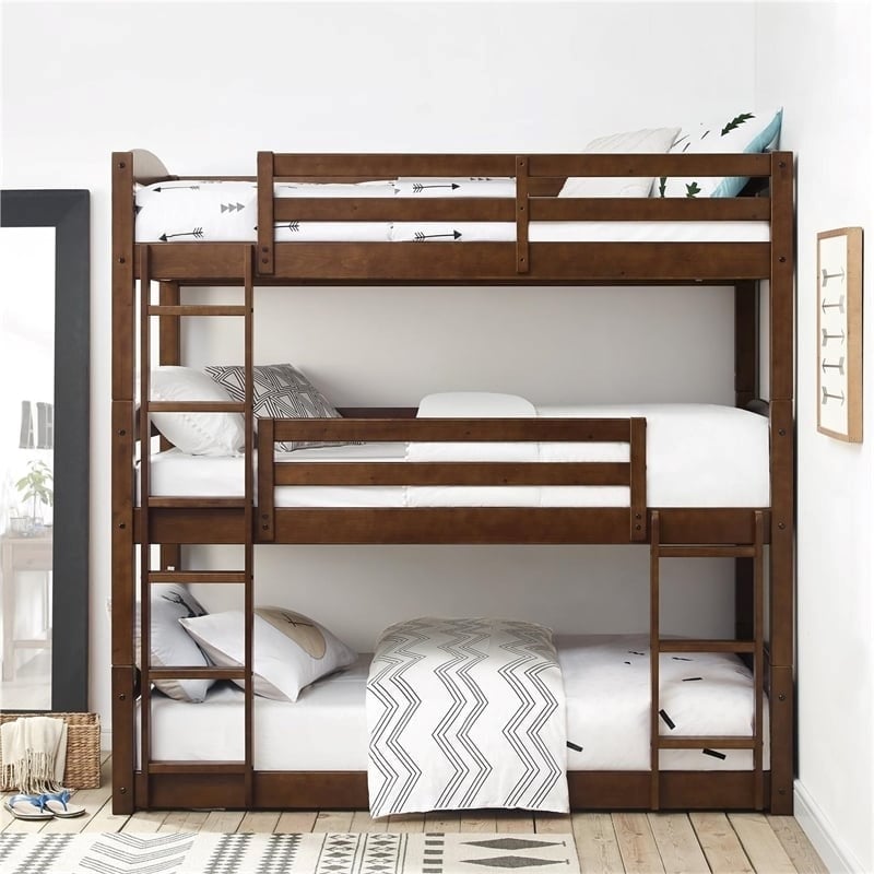 Pemberly Row Transitional Wood Twin over Twin Triple Bunk Bed in Mocha Brown Homesquare