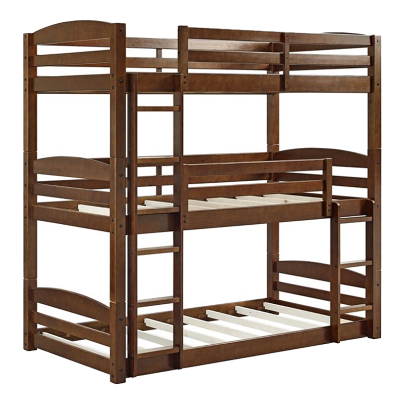Pemberly Row Transitional Wood Twin over Twin Triple Bunk Bed in Mocha Brown