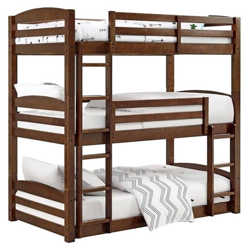Pemberly Row Transitional Wood Twin over Twin Triple Bunk Bed in Mocha Brown