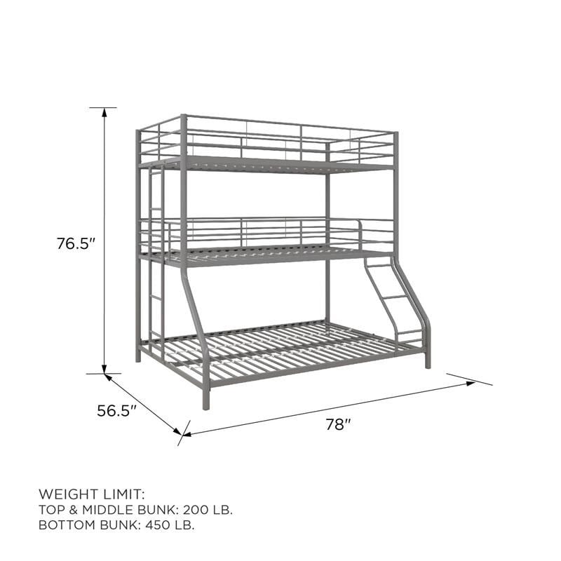 Pemberly Row Metal Triple Bunk Bed Bed for Kids Twin/Twin/Full in Silver