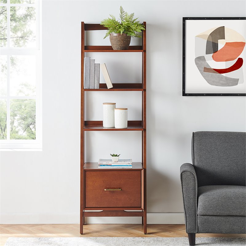Pemberly Row 4-Shelf Narrow Mid-Century Wood Etagere Bookcase in Mahogany