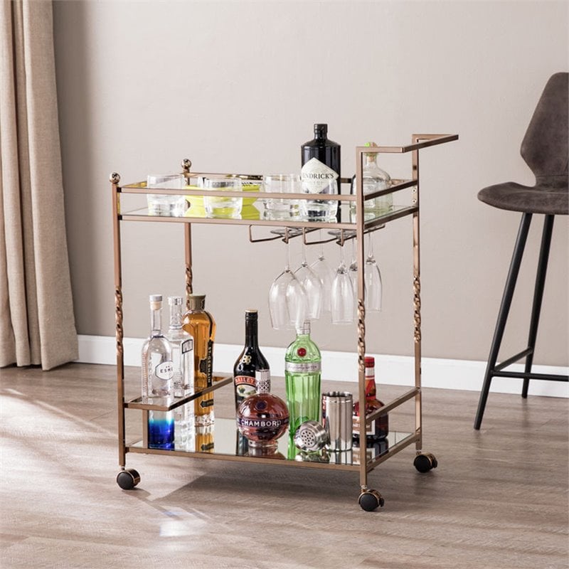 Pemberly Row Glass Mirrored Metal Bar Cart in Champagne Finish