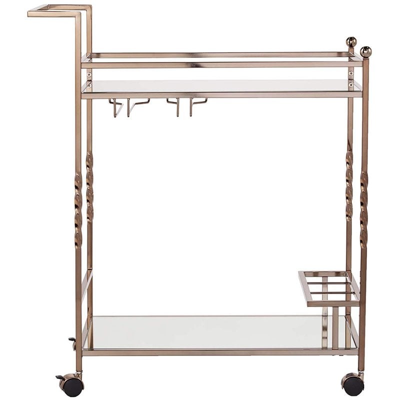 Pemberly Row Glass Mirrored Metal Bar Cart in Champagne Finish
