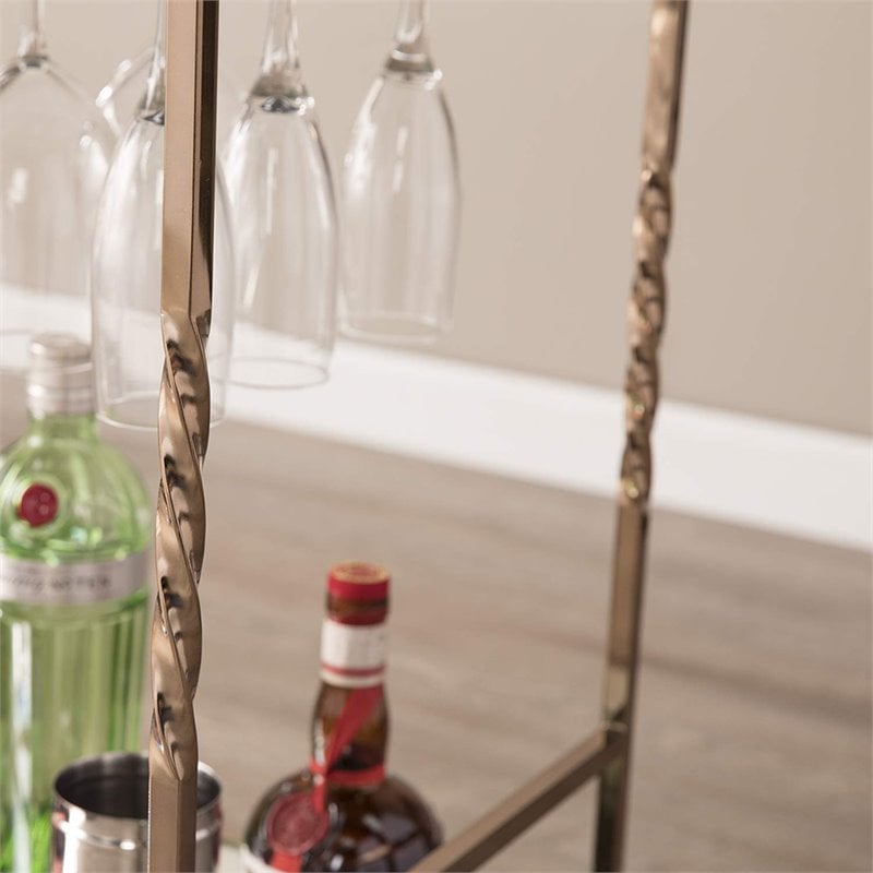 Pemberly Row Glass Mirrored Metal Bar Cart in Champagne Finish