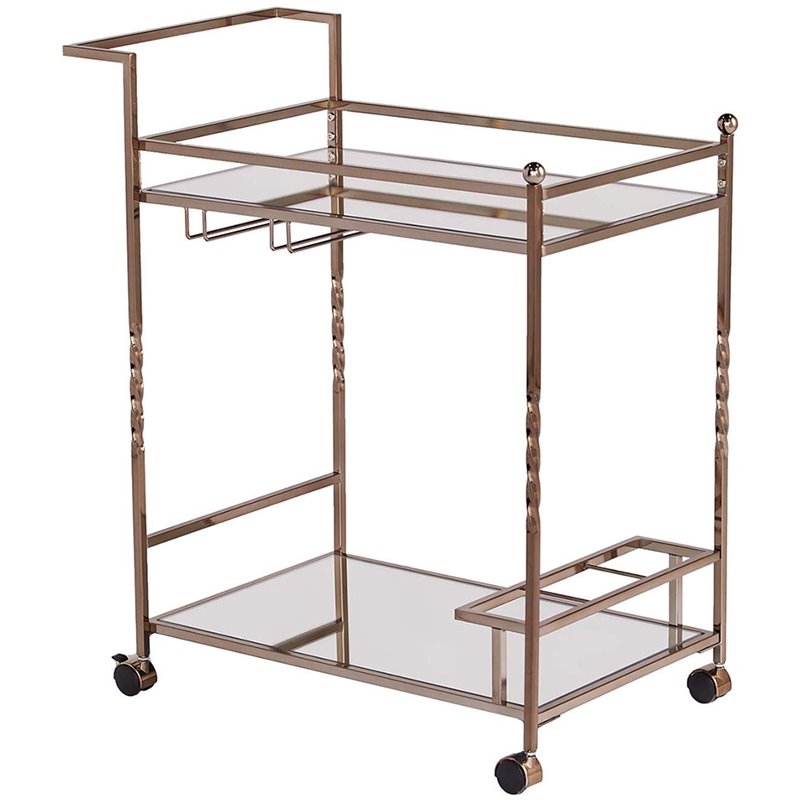 Pemberly Row Glass Mirrored Metal Bar Cart in Champagne Finish