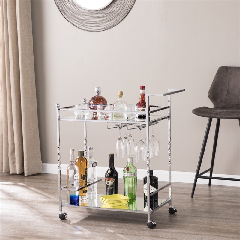 Pemberly Row Glass Mirrored Metal Bar Cart in Chrome Finish