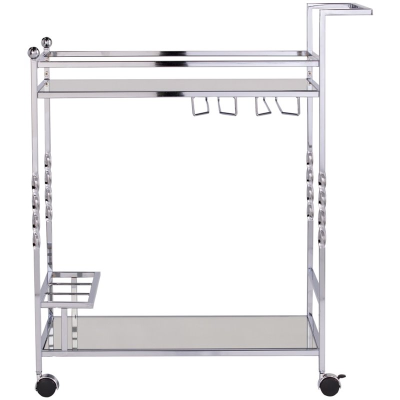 Pemberly Row Glass Mirrored Metal Bar Cart in Chrome Finish