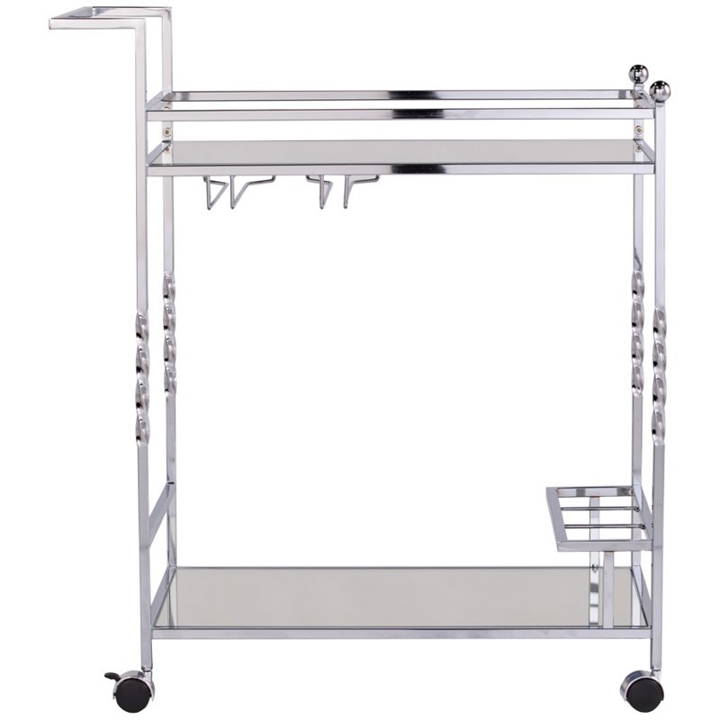 Pemberly Row Glass Mirrored Metal Bar Cart in Chrome Finish