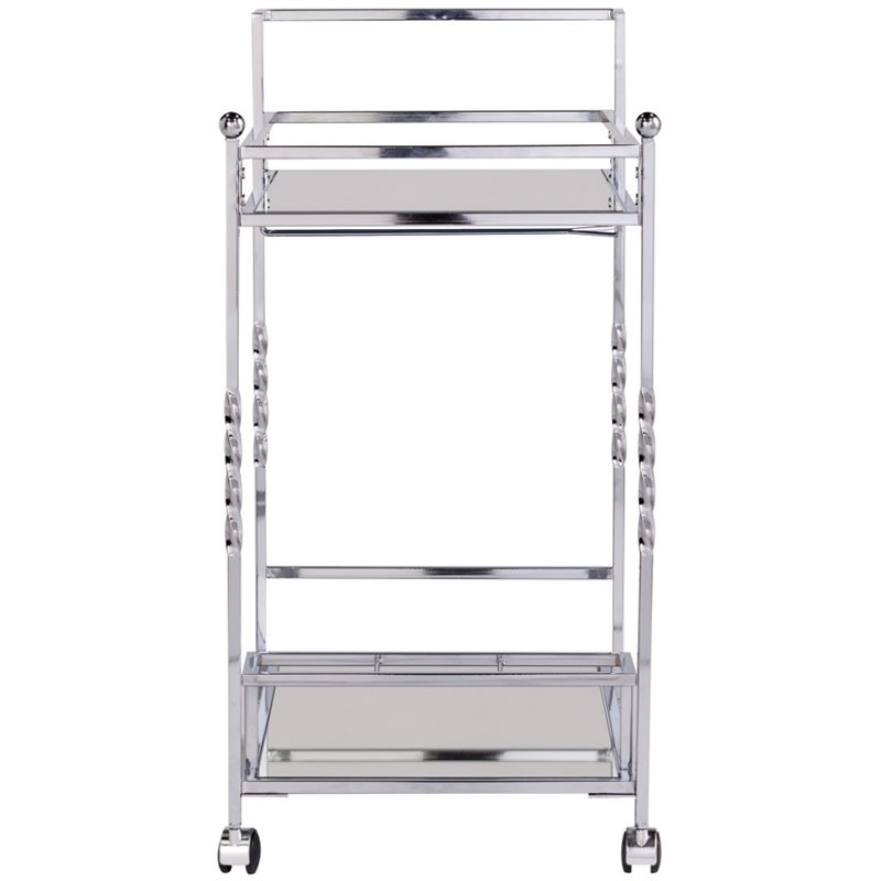 Pemberly Row Glass Mirrored Metal Bar Cart in Chrome Finish