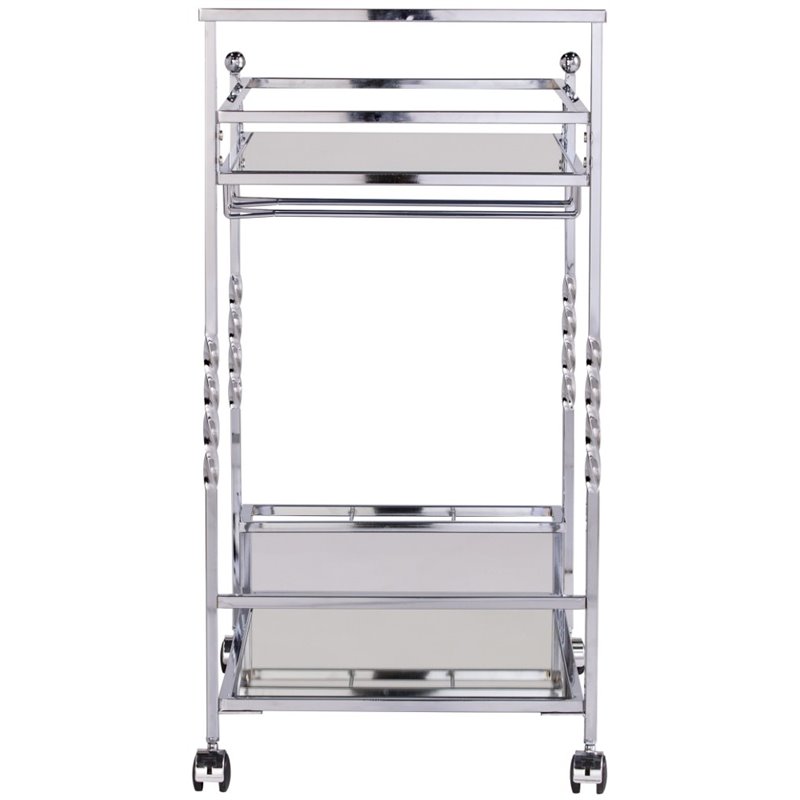 Pemberly Row Glass Mirrored Metal Bar Cart in Chrome Finish