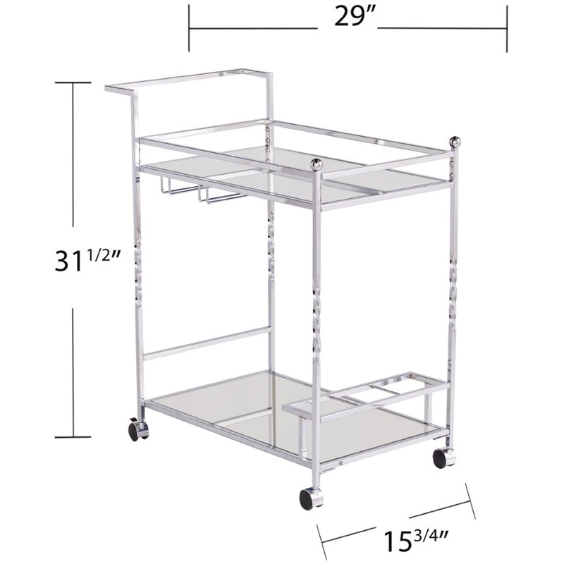 Pemberly Row Glass Mirrored Metal Bar Cart in Chrome Finish