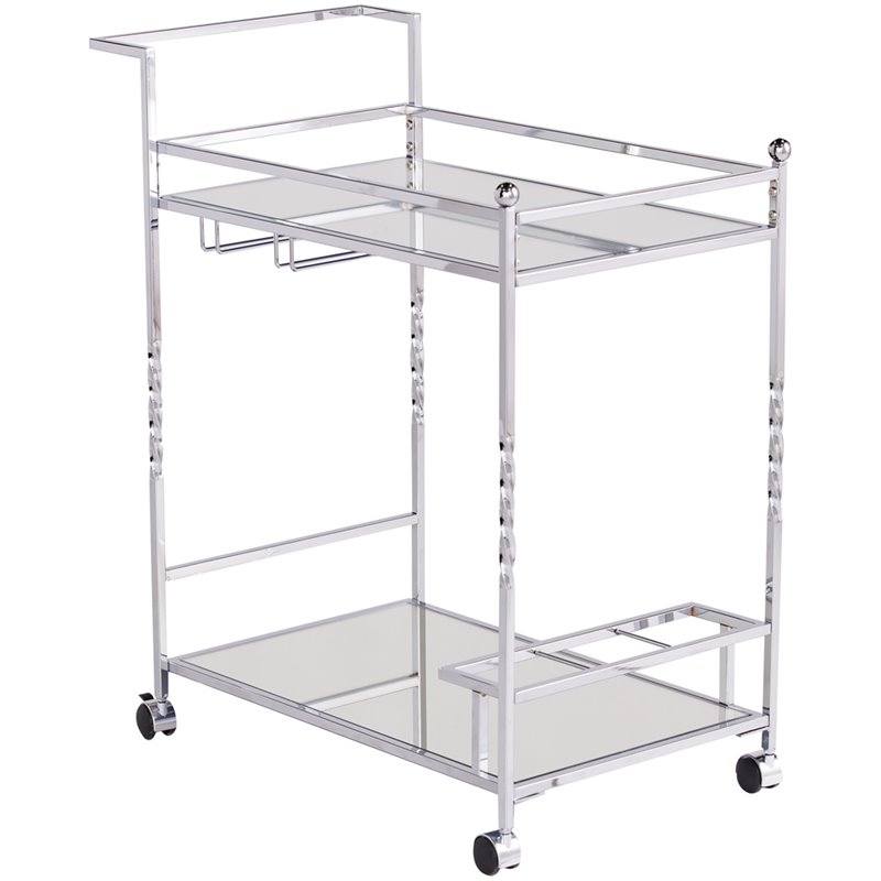 Pemberly Row Glass Mirrored Metal Bar Cart in Chrome Finish